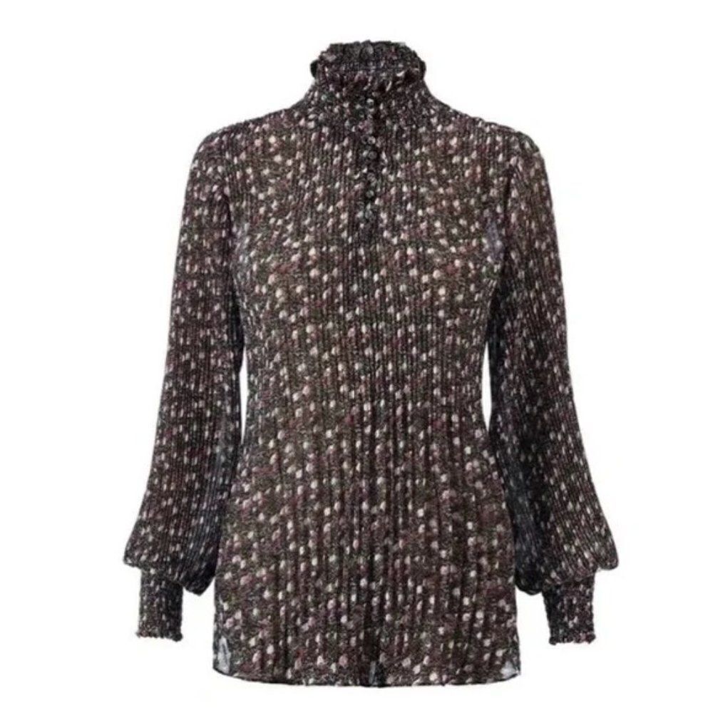 CABI Knife Pleated Blouse Long Sleeve Black & Pink Sz M #3952 EUC